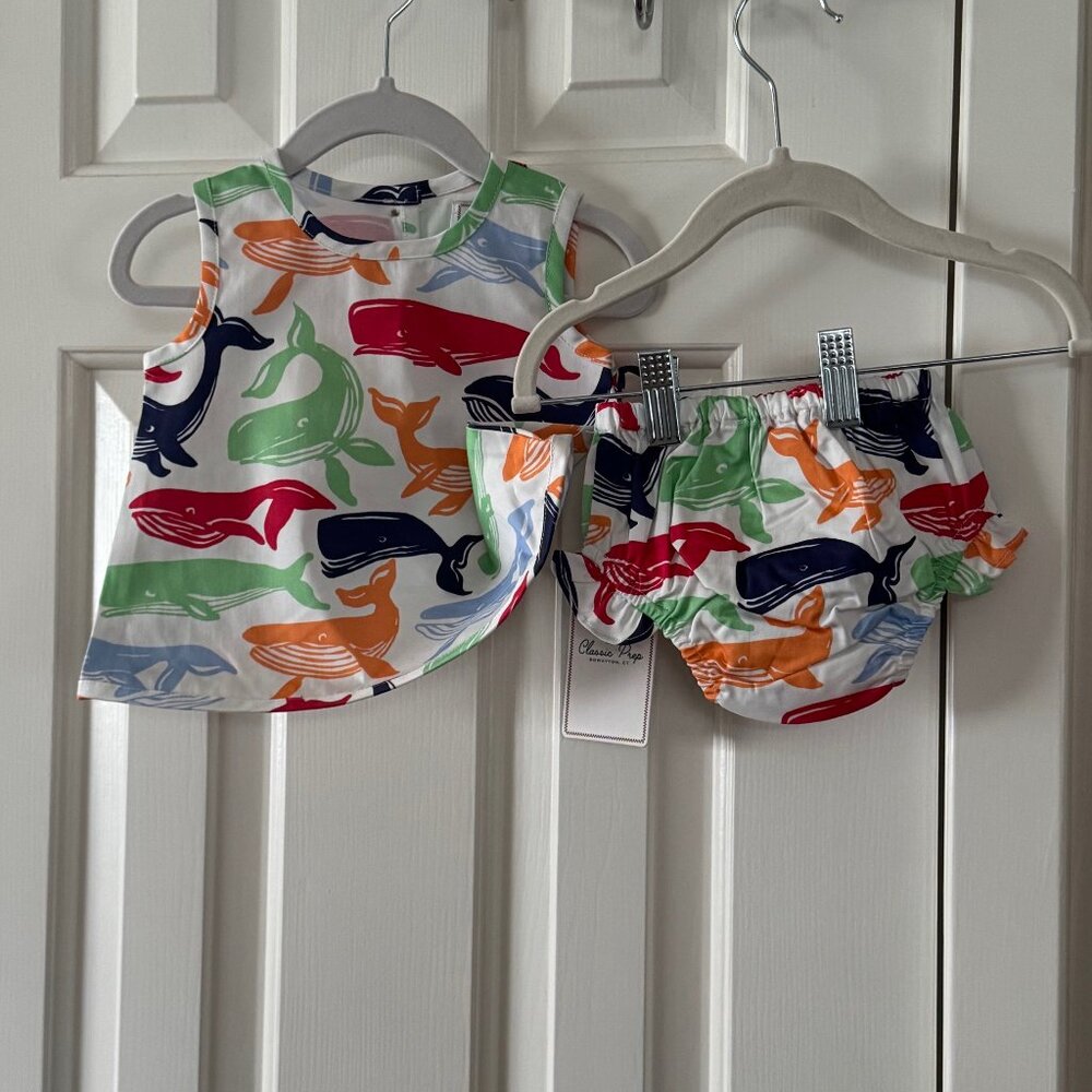New Classic Prep Poppy Dress and Bloomer Set Whale Watch Print Size 3-6 months
